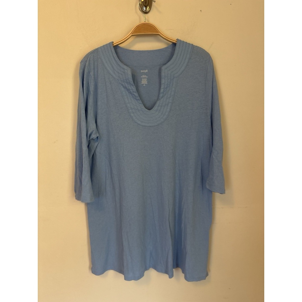 Pure J. Jill Trapunto Tunic Top Linen Cotton Blend V-Neck 3/4 Sleeve Medium Tall